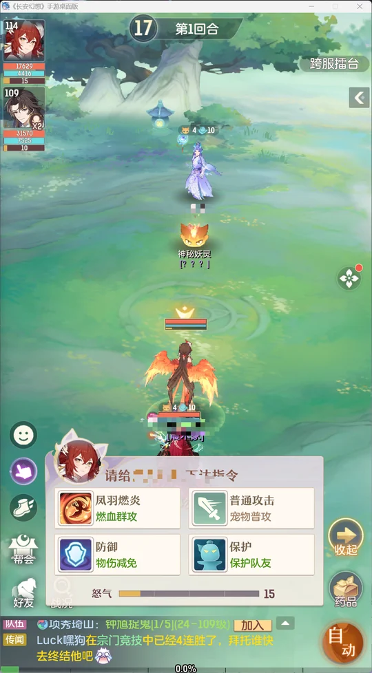 跨服擂台切磋的第1回合战斗画面，可对照人物与宠物状态进行验证